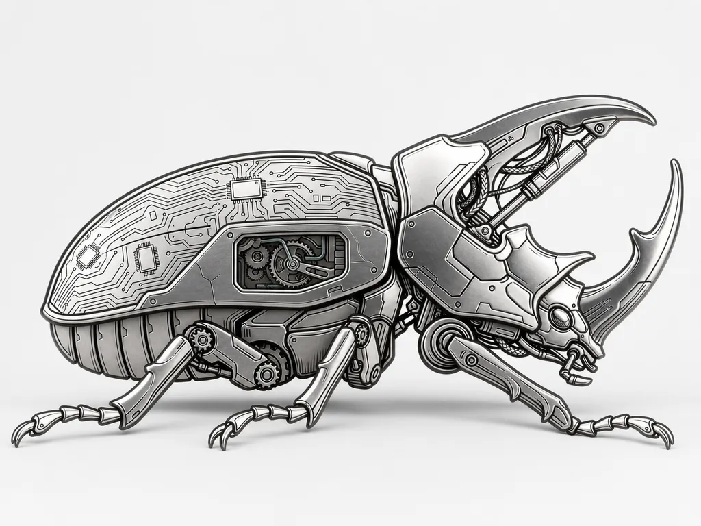 Mechanical rhinoceros beetle with circuit board and gear details
