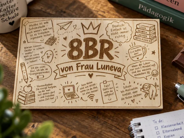 Holzschild für Lehrer mit lustigen Sprüchen und Schulmotiven