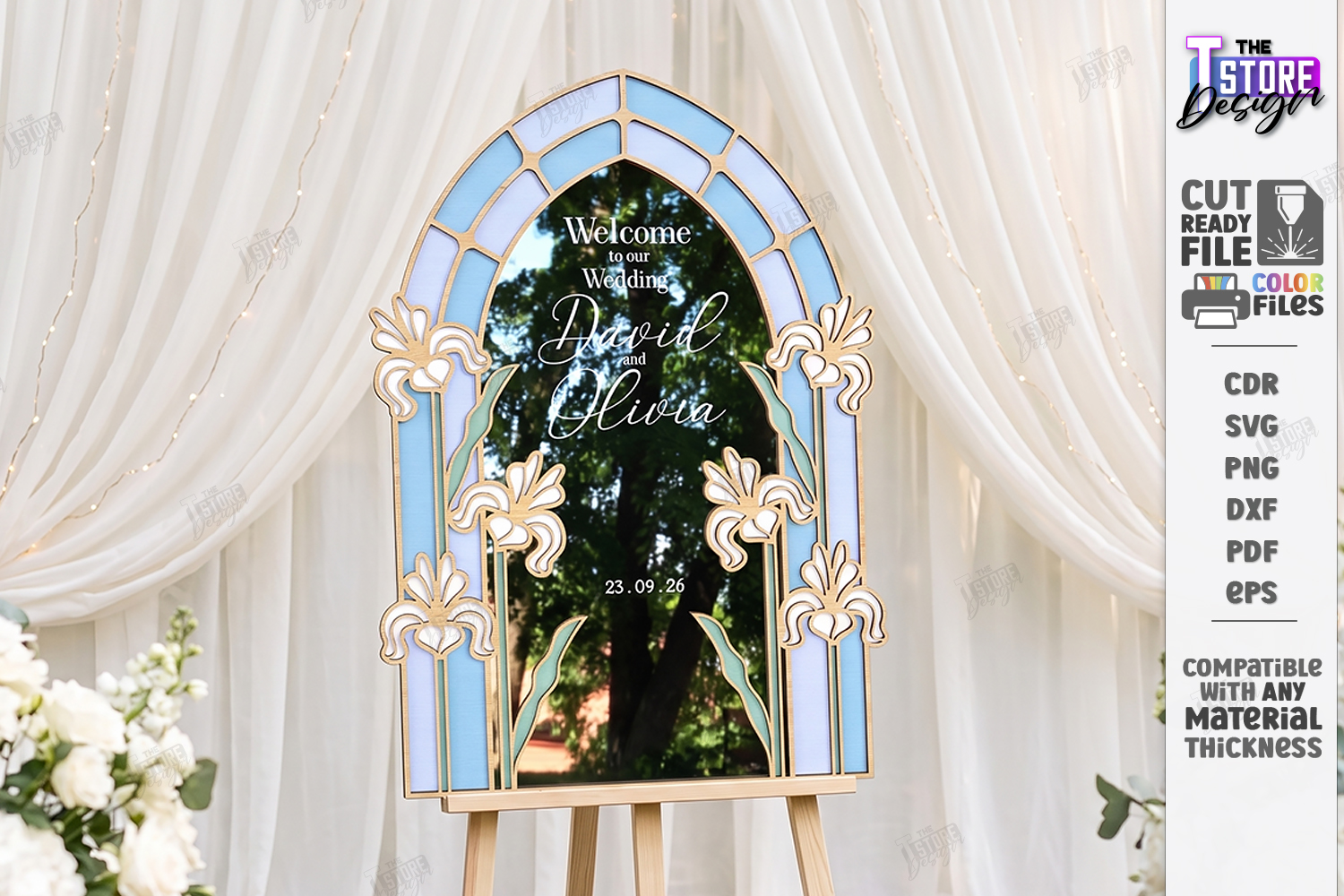 [Laser cut and engrave] Arched Floral Wedding Welcome Sign with Stained Glass Style Frame laser Cut Bundle. Floral Design. Weding Day