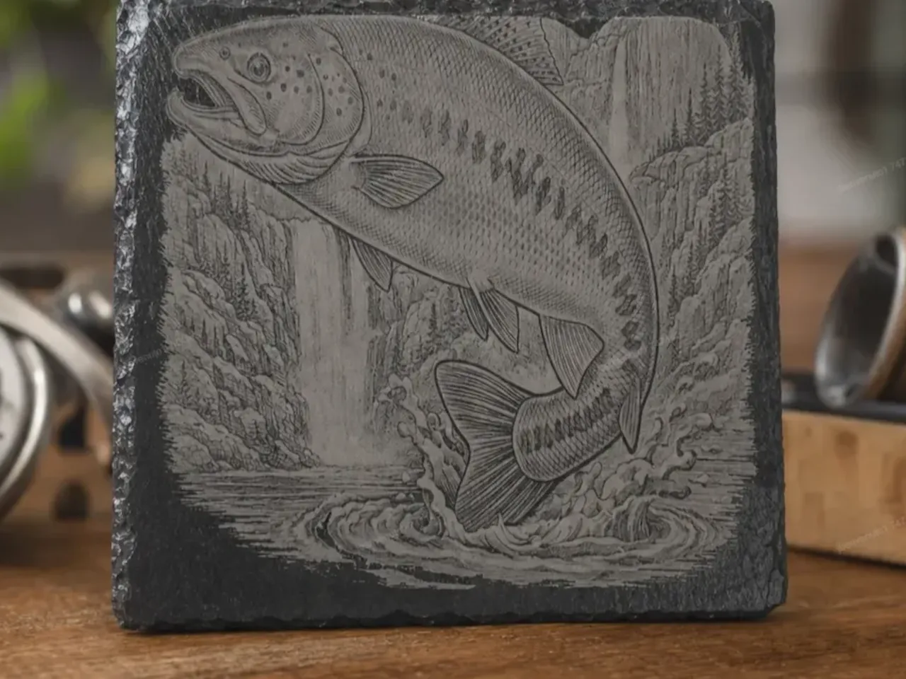 [Laser cut and engrave] Square Slate Coaster Featuring a Jumping Salmon and Waterfall Scene