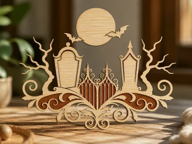 Halloween Graveyard Scene with Tombstones and Full Moon Wall Hanging