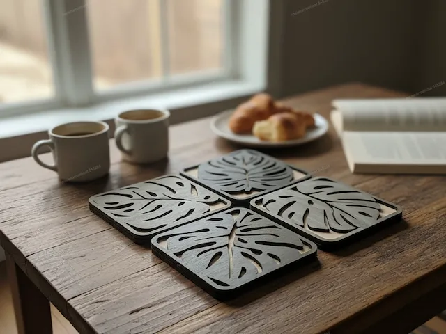 2 Layered Monstera Leaf Pattern Square Drink Coasters