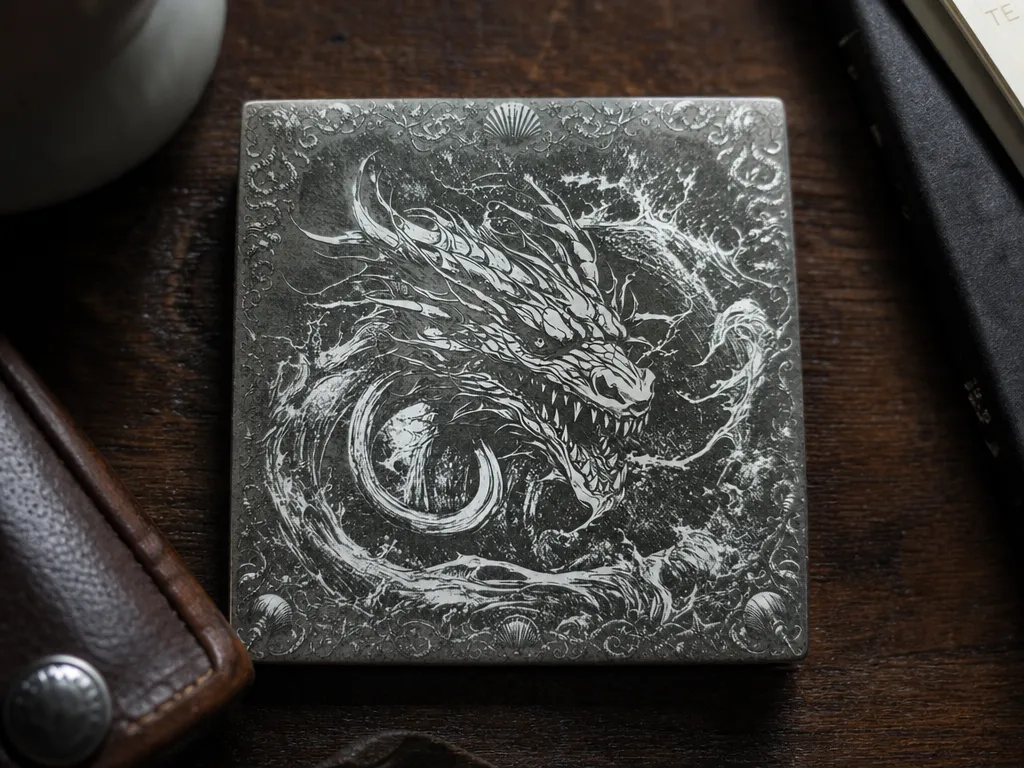 Square White Coaster Featuring Intricate Sea Serpent Illustration