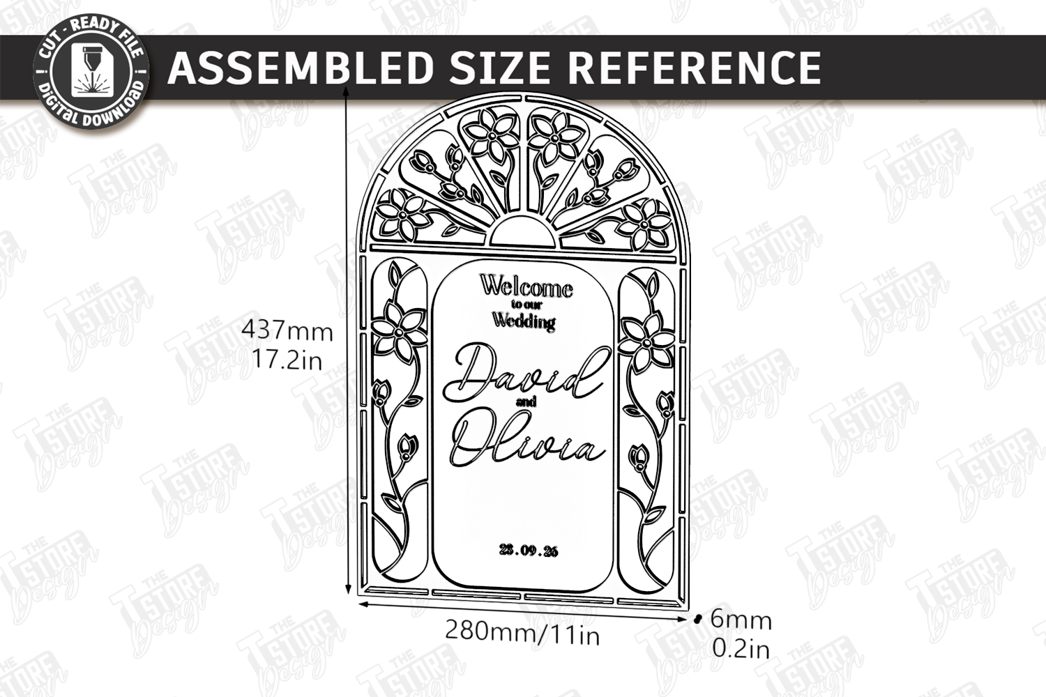 [Laser cut and engrave] Arched Floral Wedding Welcome Sign with Stained Glass Style Frame laser Cut Bundle. Floral Design. Weding Day