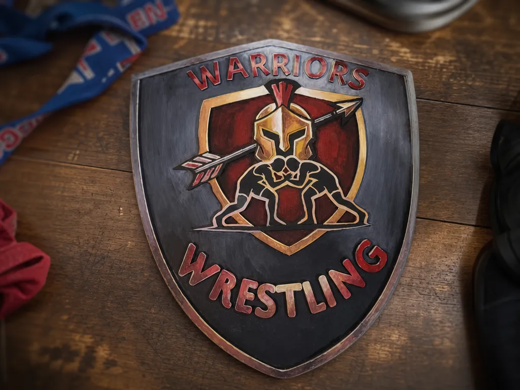 Warriors Wrestling Shield Wall Plaque with Spartan Helmet and Wrestler Motif