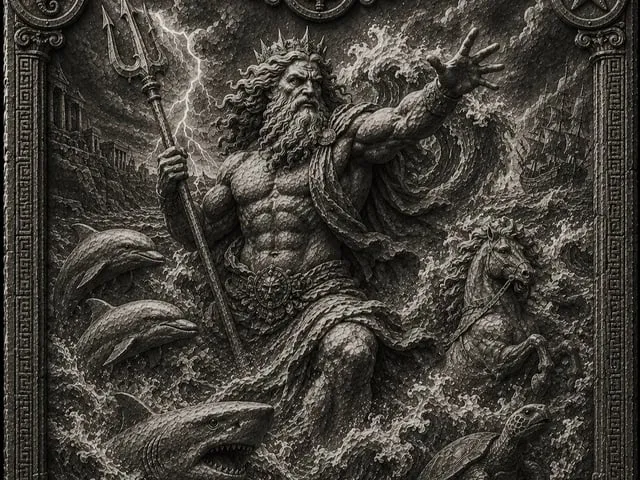 Bas-relief mural représentant Poséidon avec son trident et des créatures marines
