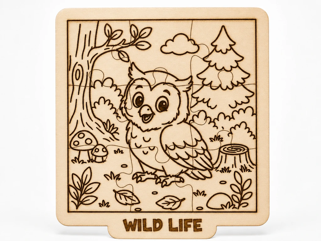 Happy Owl Wooden Puzzle SVG XCS | Wild Life Forest Adventure | Laser Cut Kids Jigsaw | Montessori Animal Learning Design