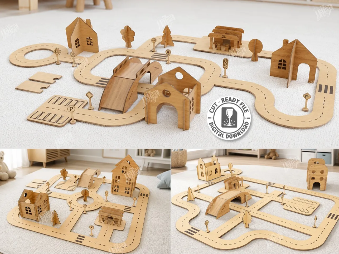 Wooden toy city road set with buildings and bridge, kids gift idea
