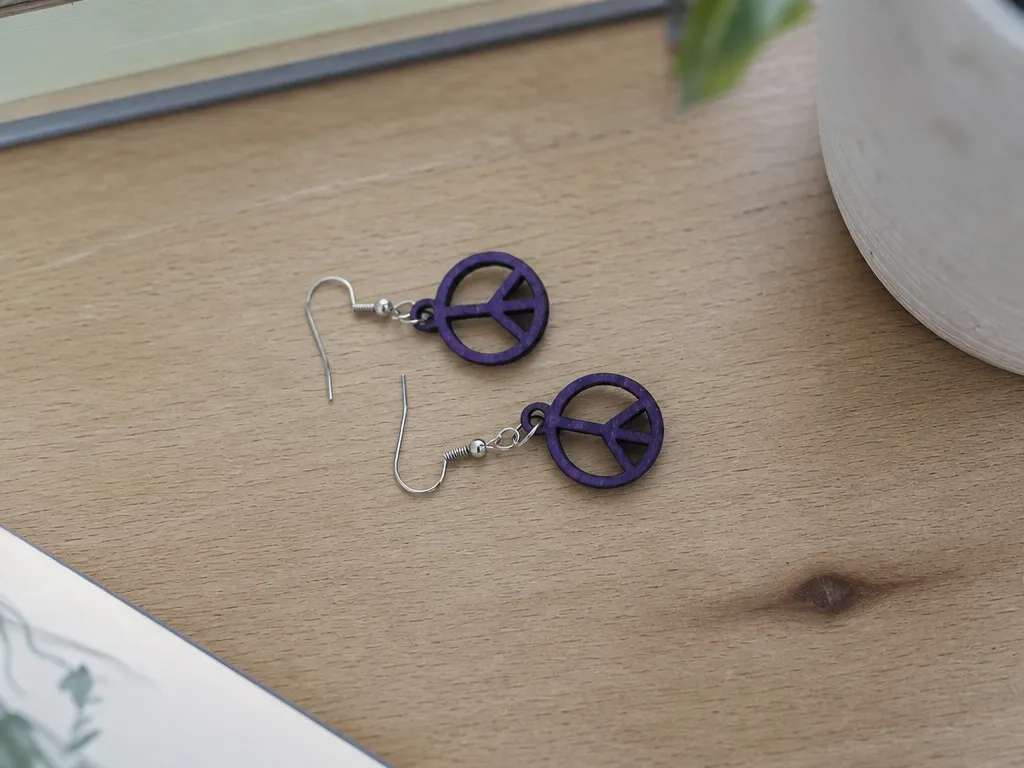 Boucles d'oreilles pendantes violettes avec symbole de paix