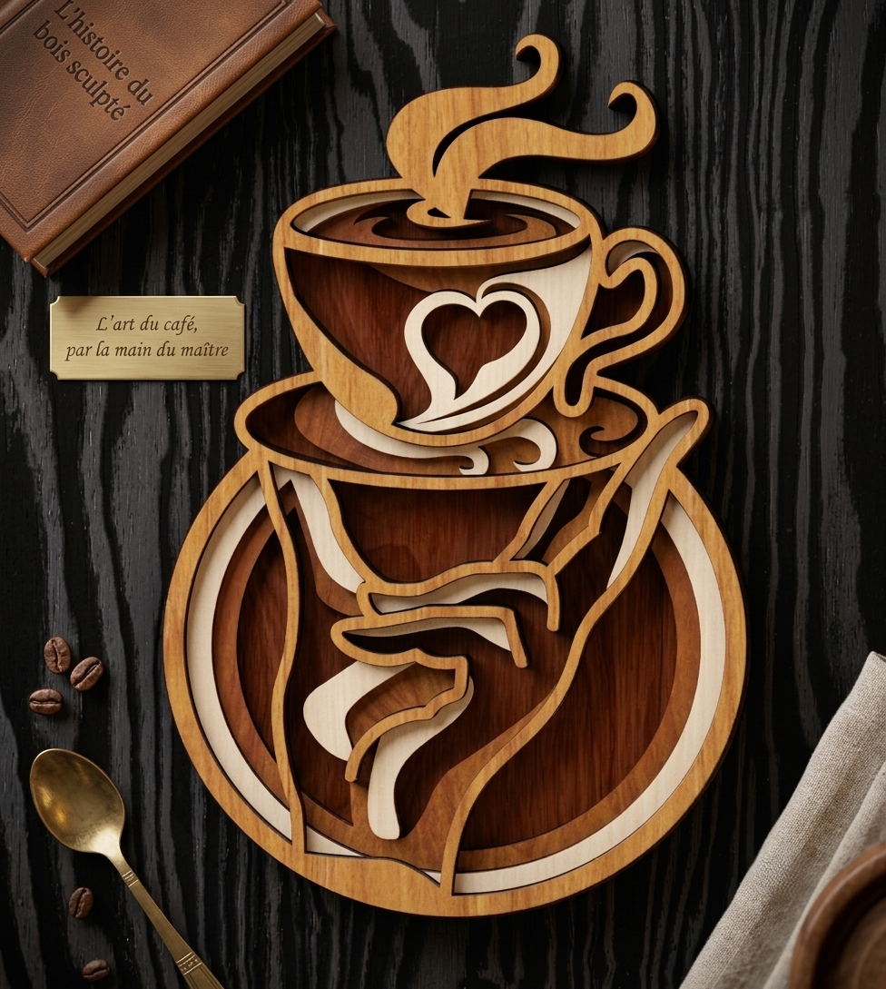 [Laser cut and engrave] Décoration murale en bois représentant une tasse de café tenue par une main