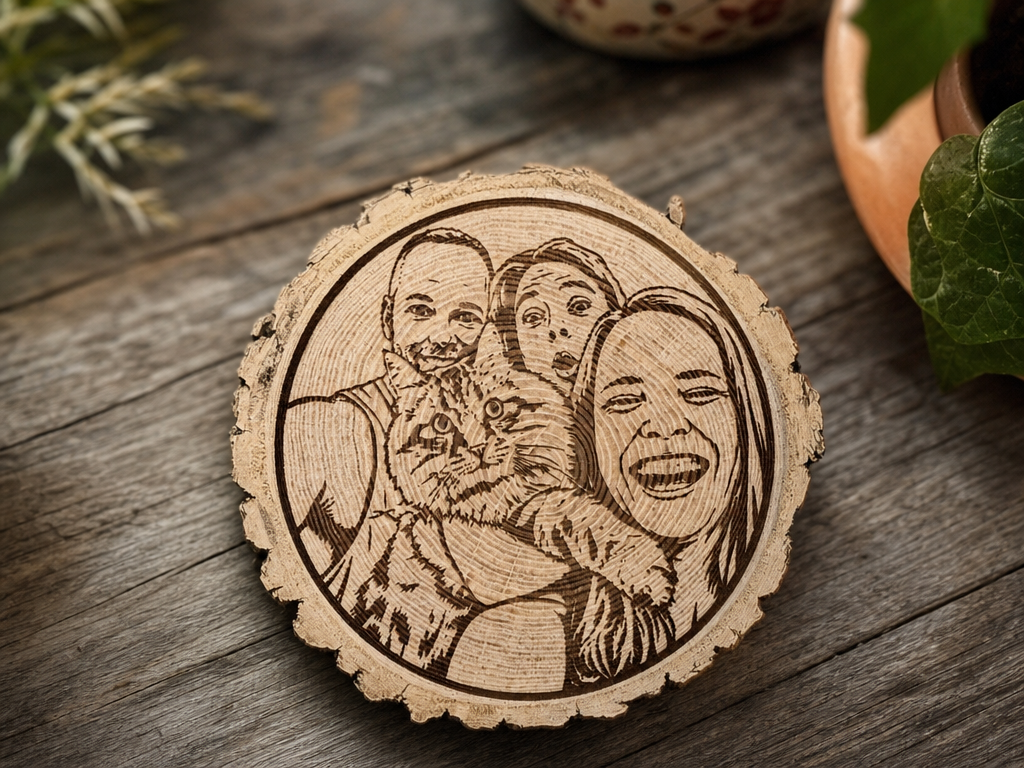 Family and Cat Portrait on Natural Wood Slice laser engraved pet portrait idea