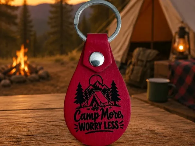 Camp More, Worry Less Leather Keychain