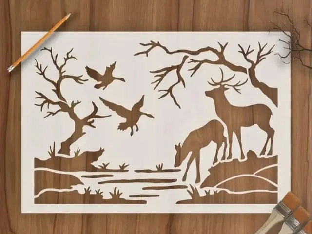 Plantilla de estarcido con paisaje de ciervos y aves en el bosque