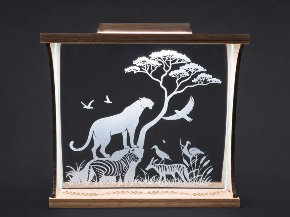 Illuminated African Safari Wildlife Scene Table Lamp