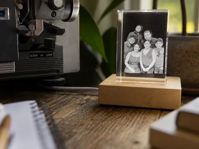 Family Portrait Engraved Glass Block with Lighted Wooden Base