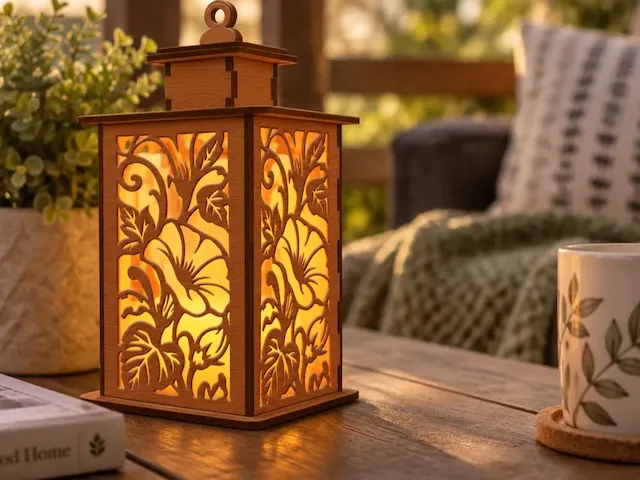 Floral Pattern Wooden Lantern with Warm Internal Glow