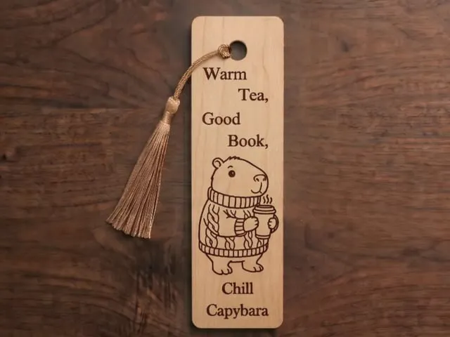 Wooden Bookmark Featuring a Cozy Capybara with Warm Tea and Book Quote
