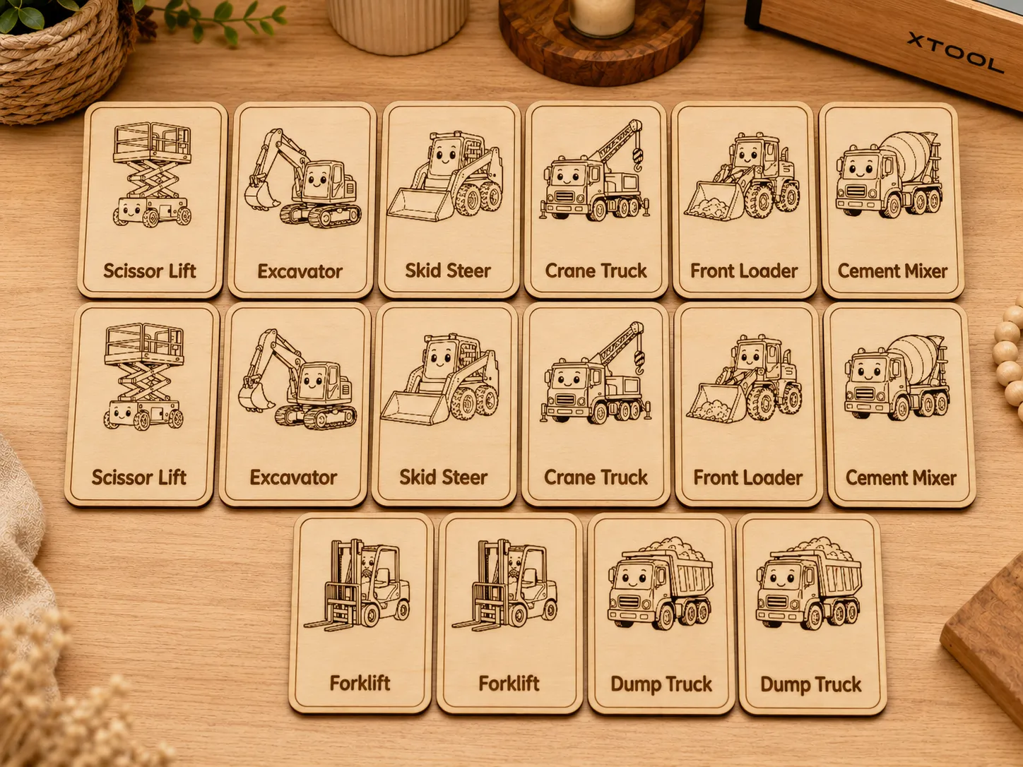 Construction Vehicles Montessori-Inspired Wooden Matching Cards | 8 Pair Vehicle Memory Game