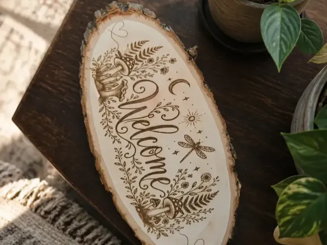 Welcome Sign with Botanical Mushroom and Dragonfly Illustration on Live Edge Wood