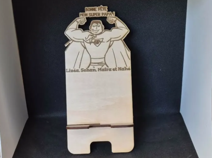 Support de téléphone en bois motif super papa pour fête des pères