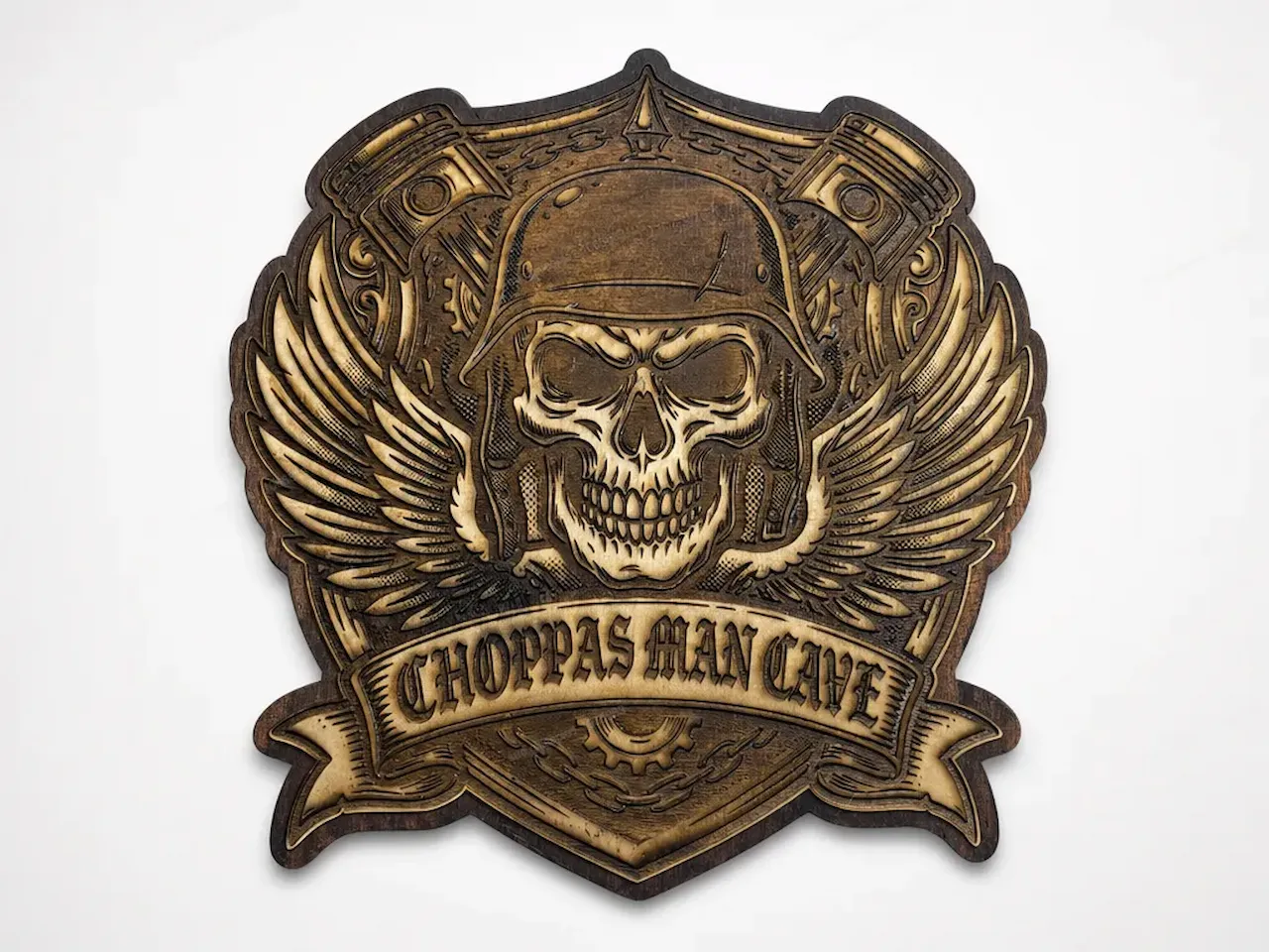 [Laser cut and engrave] Choppas Man Cave Skull and Wings Wall Sign