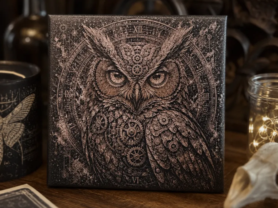 Steampunk Owl Painted Ceramic Tile
