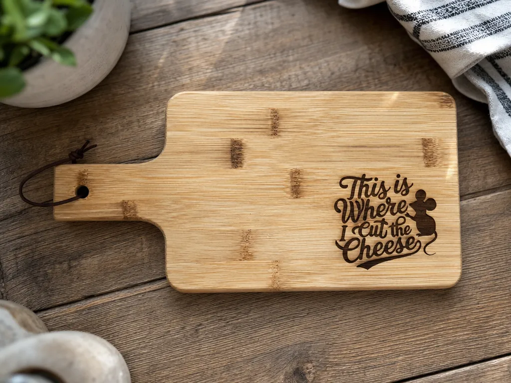 Bamboo Cheese Board with This Is Where I Cut The Cheese Text