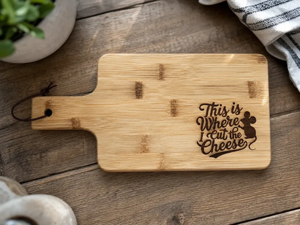 [Laser cut and engrave] Bamboo Cheese Board with This Is Where I Cut The Cheese Text
