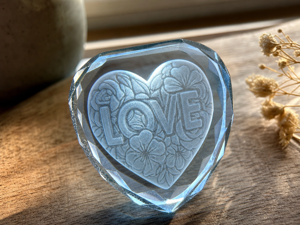 Faceted Crystal Heart keychain with Floral Love Motif