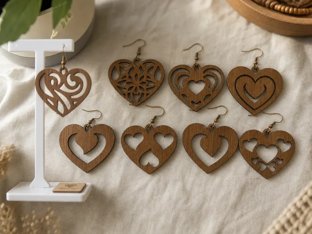 Heart-Shaped Wooden Dangle Earrings with Cutout Patterns
