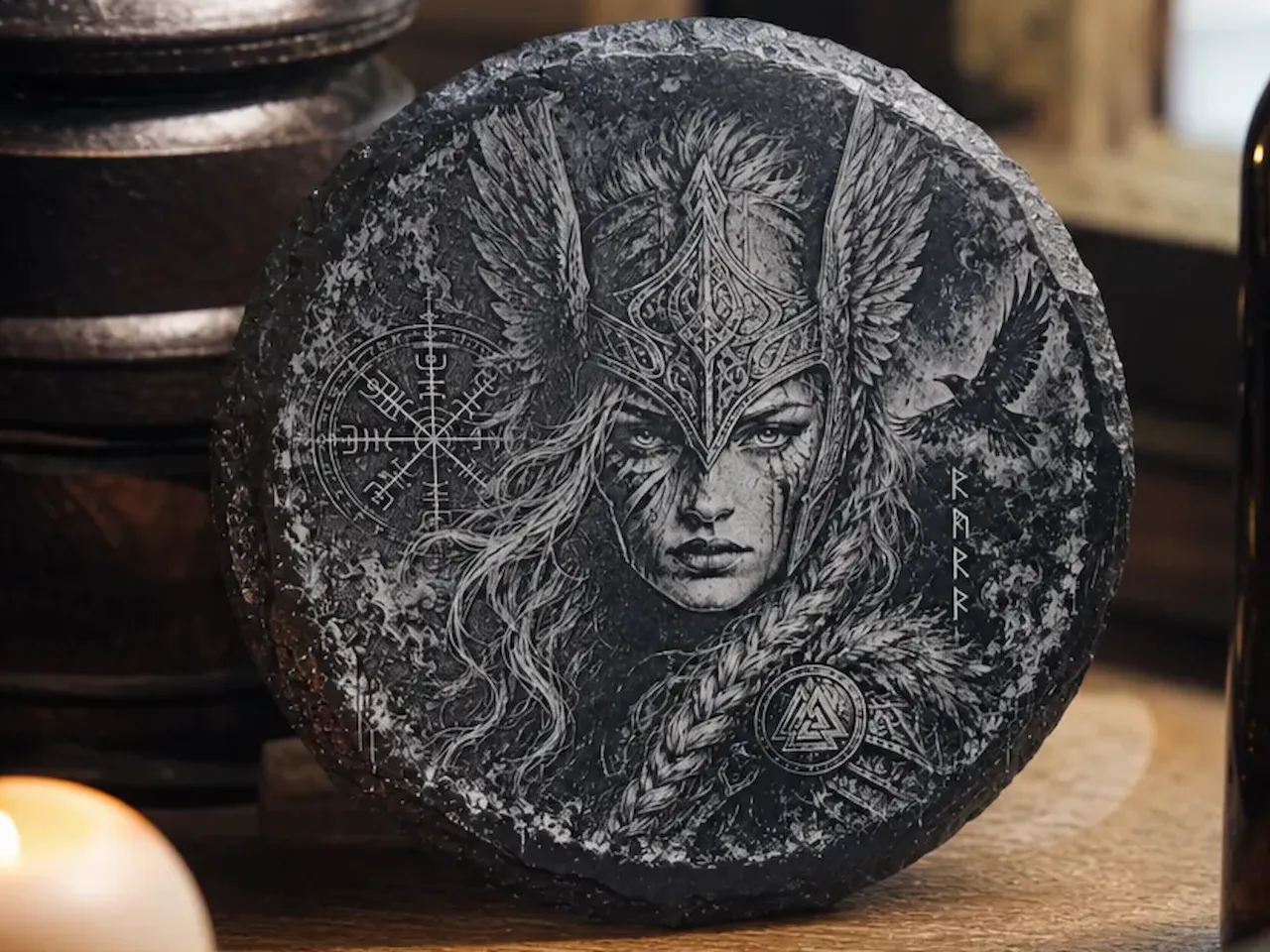 [Laser cut and engrave] Valkyrie and Viking Slate Coaster