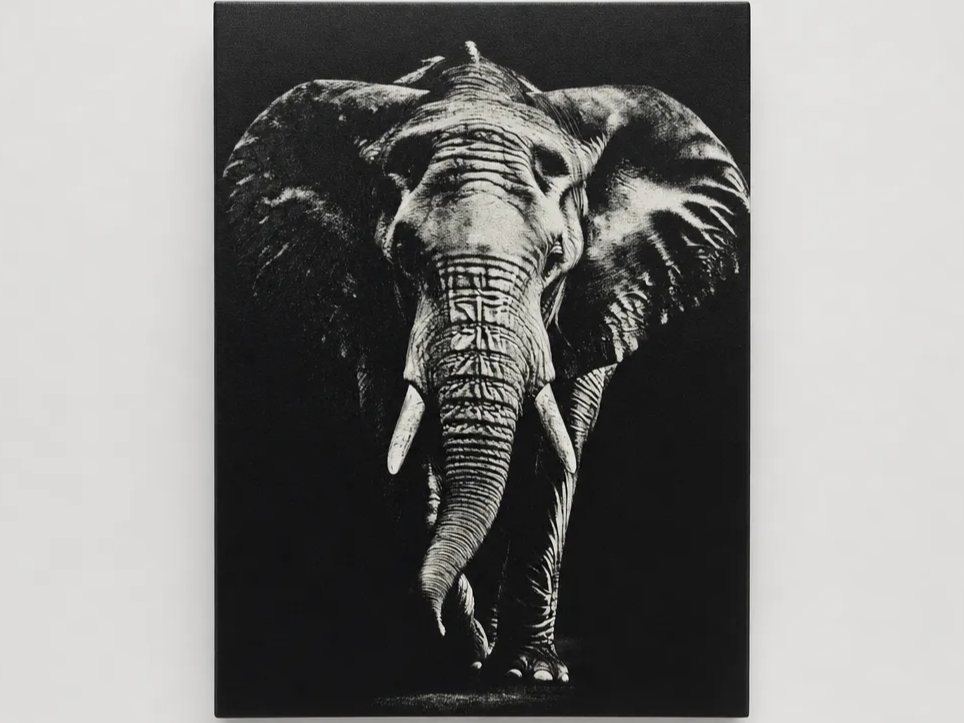 Tableau mural noir et blanc représentant un éléphant