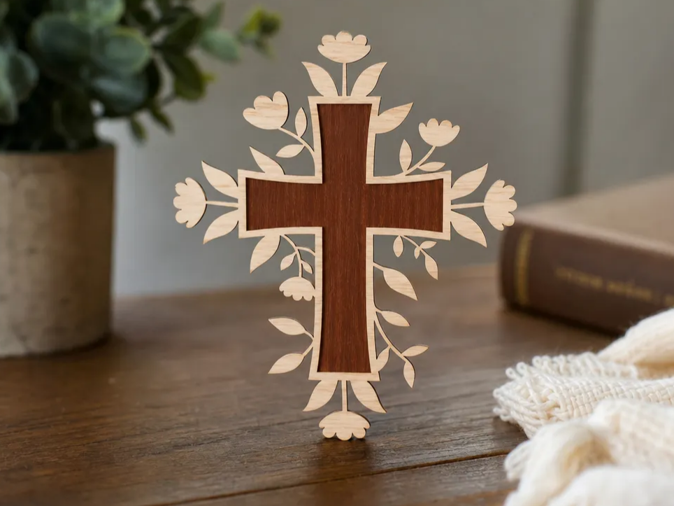 Floral Wooden Cross Wall Hanging - Laser Cut Design