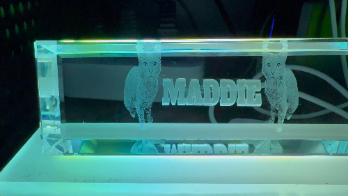 [Laser cut and engrave] Personalized Crystal Block with Cat Portrait and Maddie Nameplate