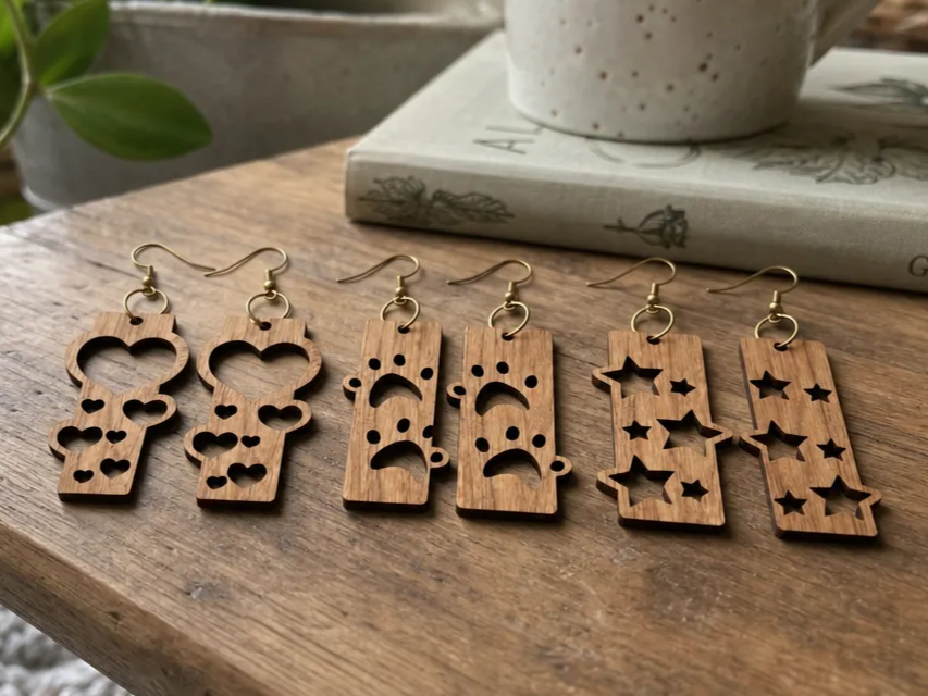 Wooden Dangle Earrings with Heart, Paw Print, and Star Cutouts