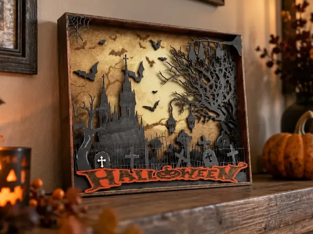 Quadro scenografico a strati con castello stregato e cimitero per Halloween