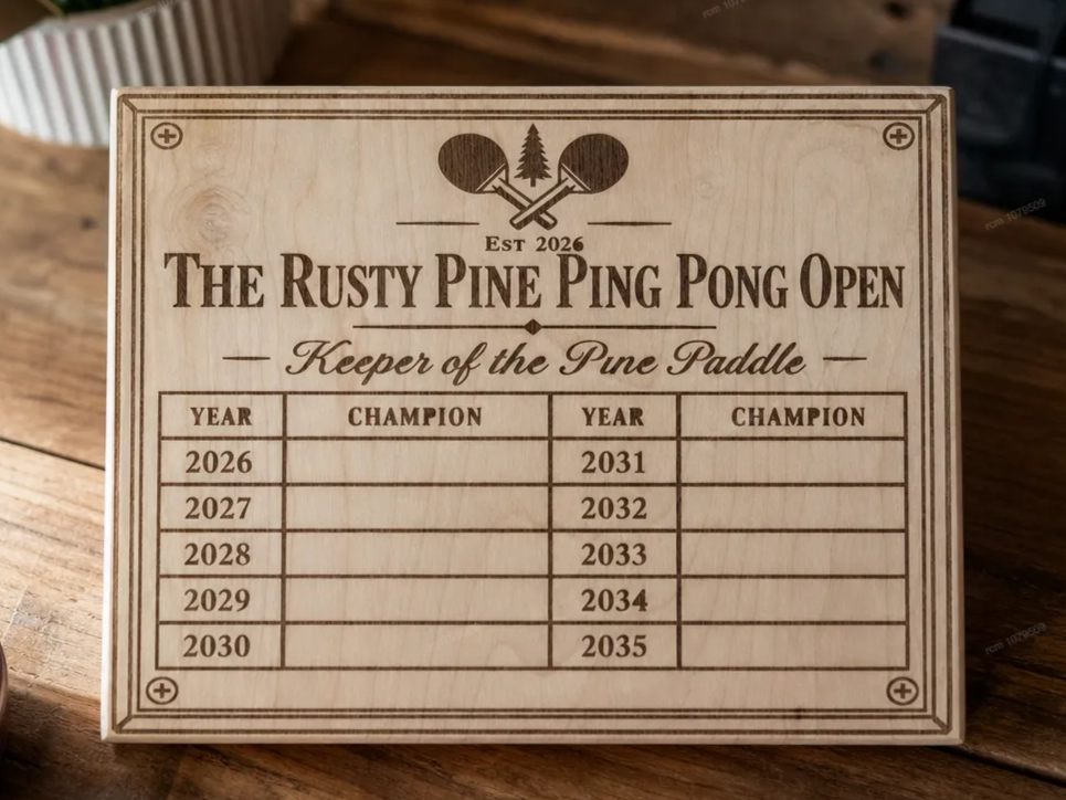 The Rusty Pine Ping Pong Open Champion Perpetual Trophy Plaque