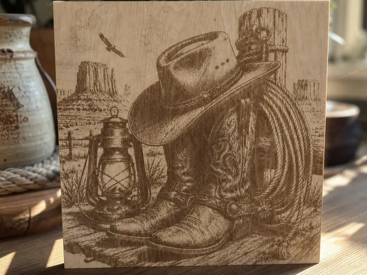 [Laser cut and engrave] Western Cowboy Boots and Hat Wall Art with Desert Landscape