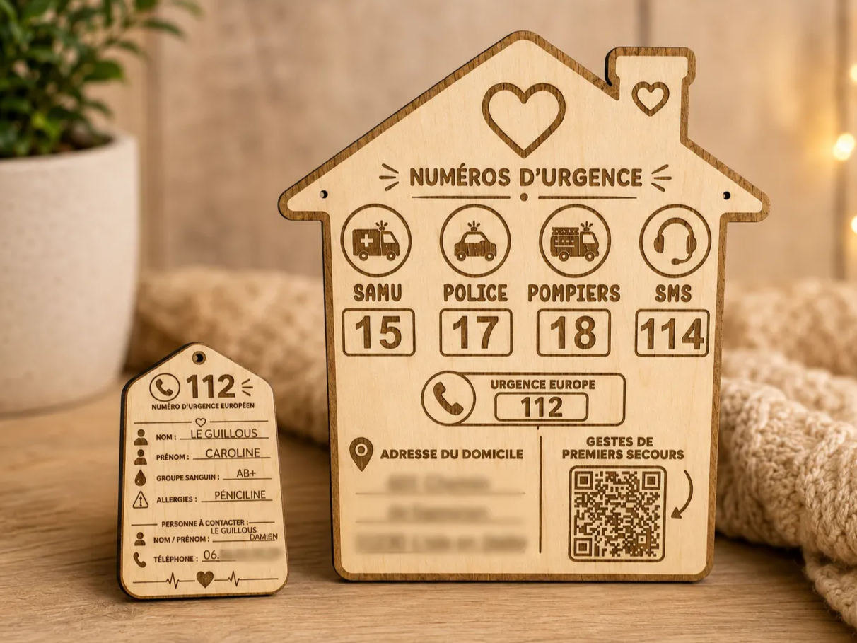 Plaque murale et porte-clés d'urgence avec numéros de secours