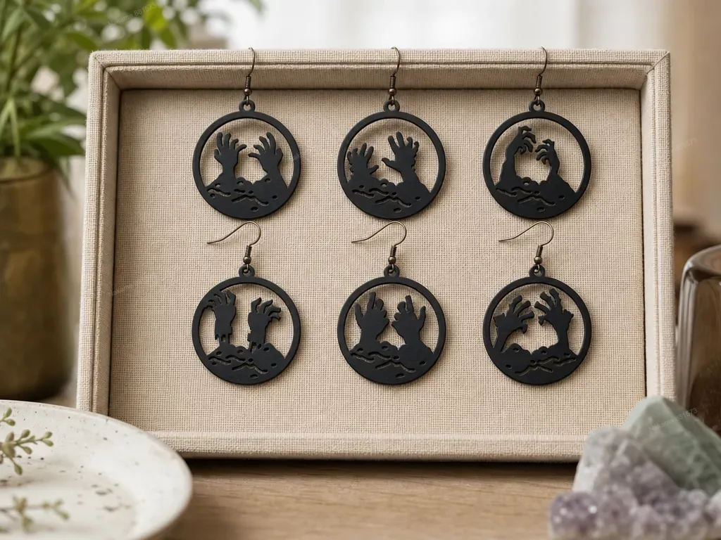 Black Zombie Hand Silhouette Circle Dangle Earrings