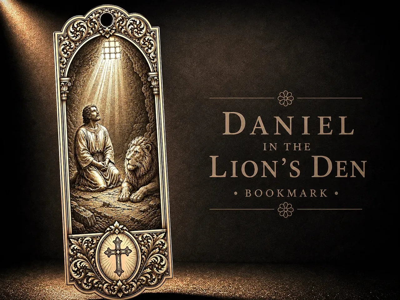 [Laser cut and engrave] Daniel in the Lion's Den Religious Bookmark with Cross Motif
