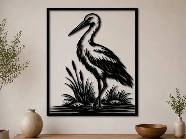 Stork Wall Art SVG | Bird Silhouette Laser Cut File | Wildlife Nature Decor | Wooden Marsh Bird Wall Design