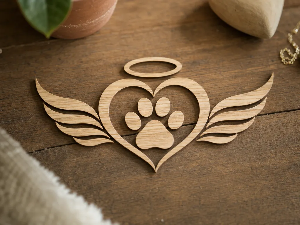 Pet Memorial Heart with Angel Wings and Paw Print - Laser Cutting Design