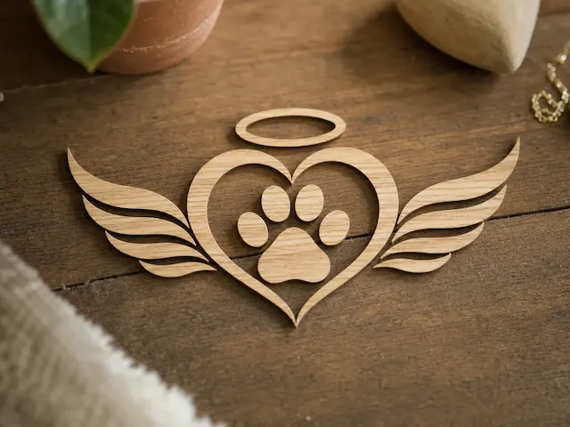Pet Memorial Heart with Angel Wings and Paw Print - Laser Cutting Design