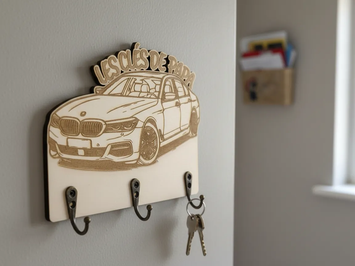 Porte-clés mural en bois avec illustration de voiture et inscription Les Clés de Papa