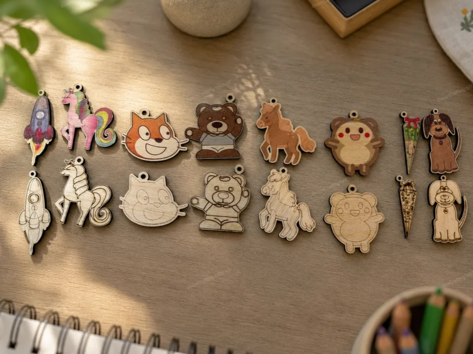 8 keychains for school bags, each in a print-and-cut version and an engrave-and-cut version
