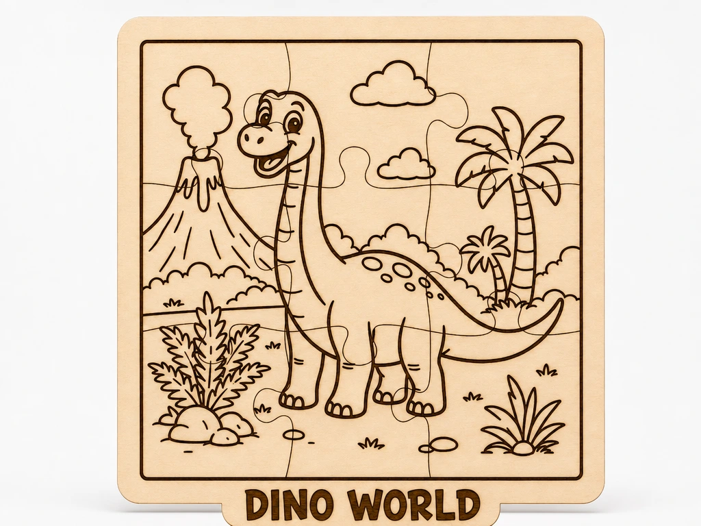 Friendly Brachiosaurus Wooden Puzzle | Dino World Educational Toy | Dinosaur Coloring Jigsaw | Laser Ready DIY Project for Children
