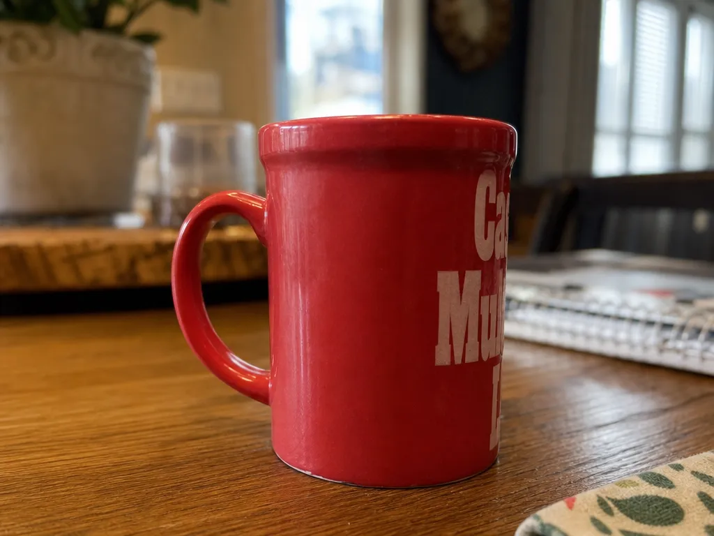 Red ceramic coffee mug with white text