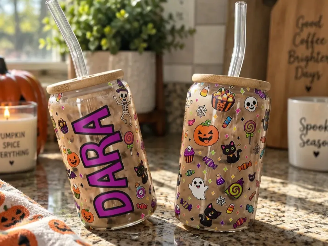 [UV printing] Vasos de vidrio con tapa de bambú y diseño temático de Halloween