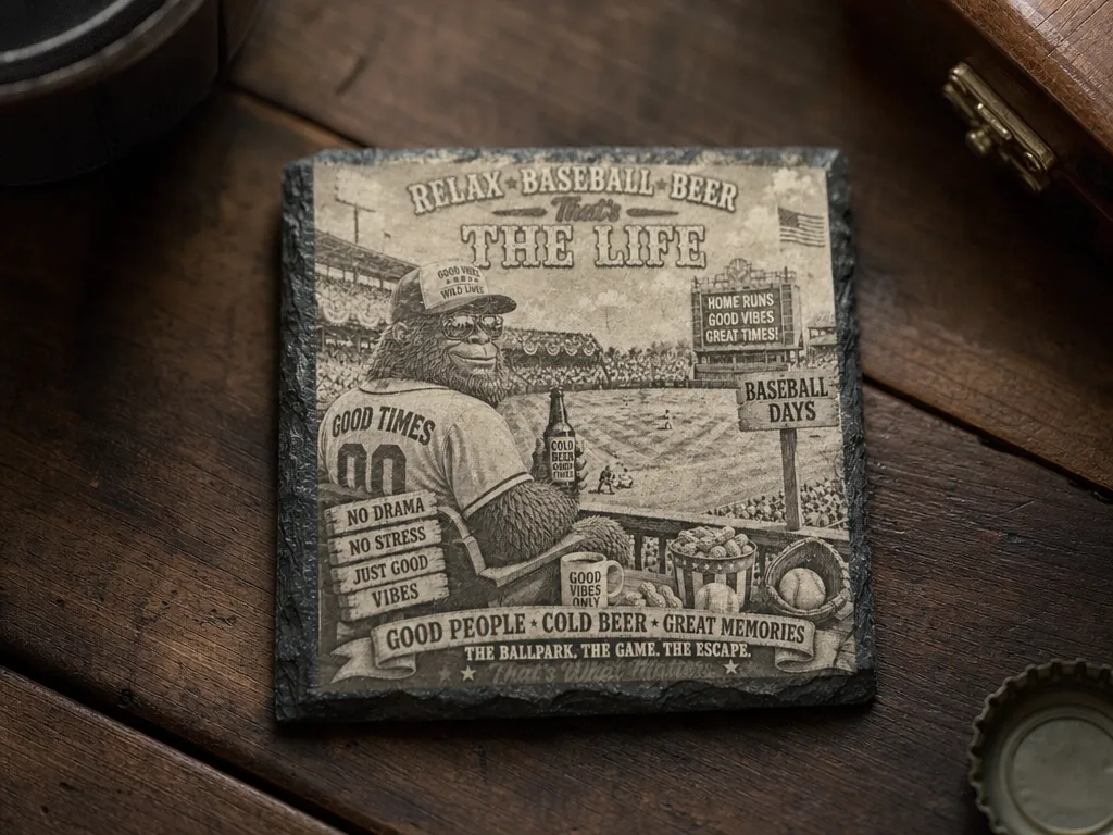 Sasquatch Baseball Themed Slate Drink Coaster Bigfoot